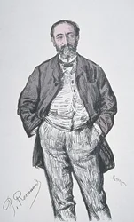 Portret francuskiego kompozytora i krytyka muzycznego Charlesa Camille Saint-Saensa (1835-1921), sztychowany przez Floriana z serii „Portrety współczesne” w „Revue Illustre”